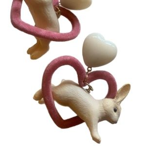 Sweet Pink Flocked Heart and Bunny Dangle Earrings